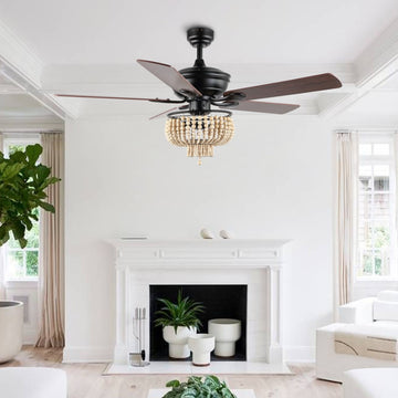 Opal 52" Farmhouse Rustic Wood Bead Shade LED Ceiling Fan With Remote - JONATHAN Y